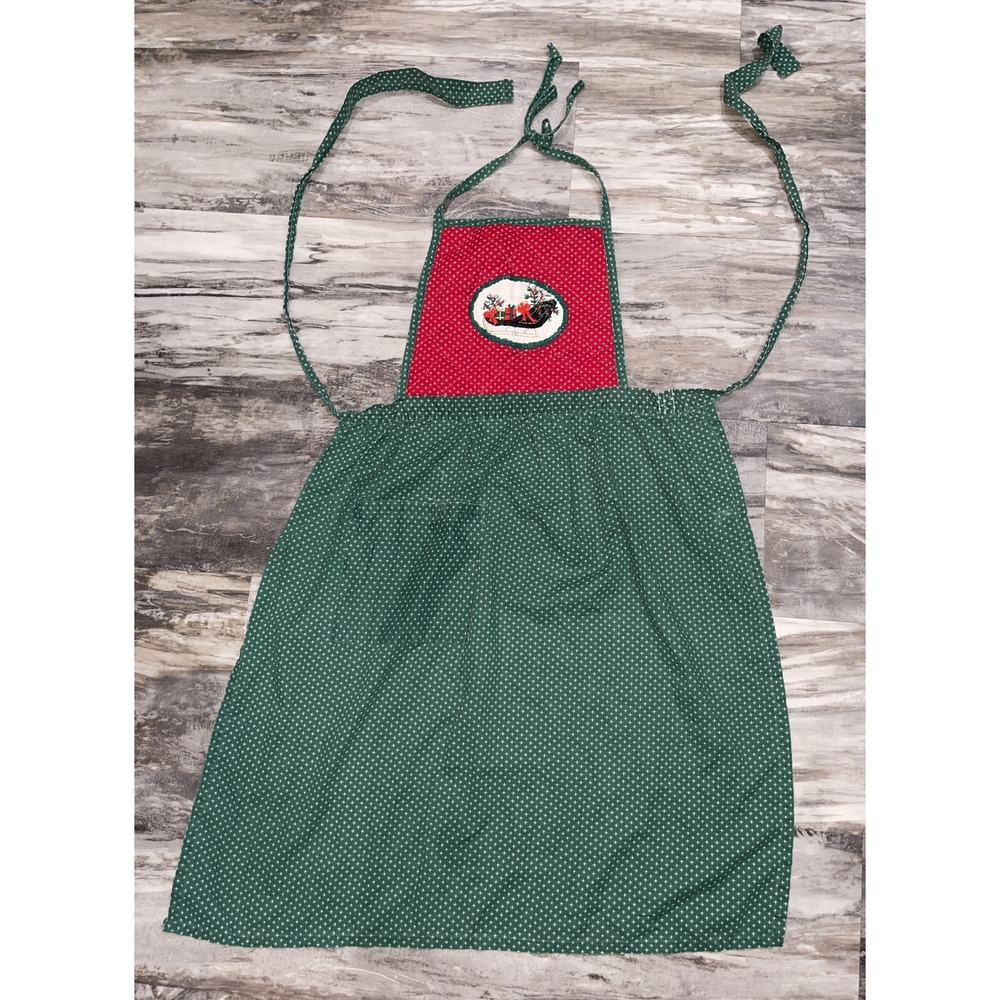 Vintage Red Green Christmas Full Tie Apron Pocket Embroidered Sleigh